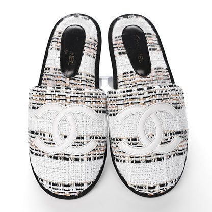 Chanel Tweed CC Flat Mules M White Black Gold 10 of 11