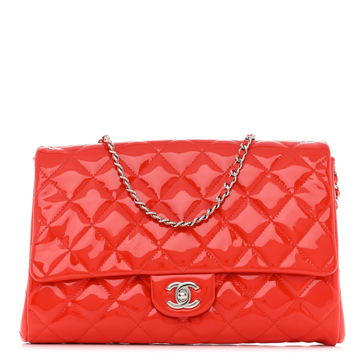 Patent Quilted Clutch With Chain Flap Red