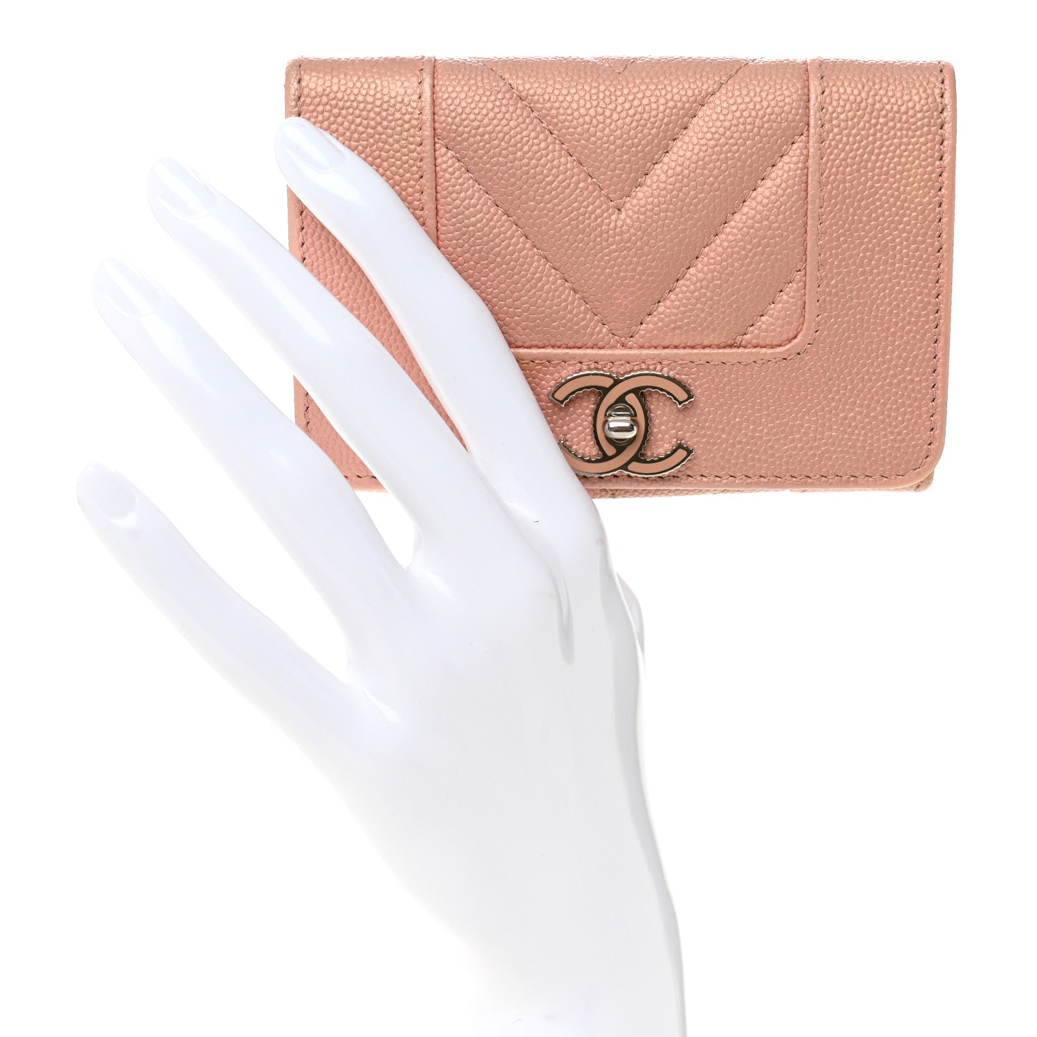 Chanel Metallic Caviar Chevron Quilted Vintage Mademoiselle Flap Card Holder Pink 2 of 9