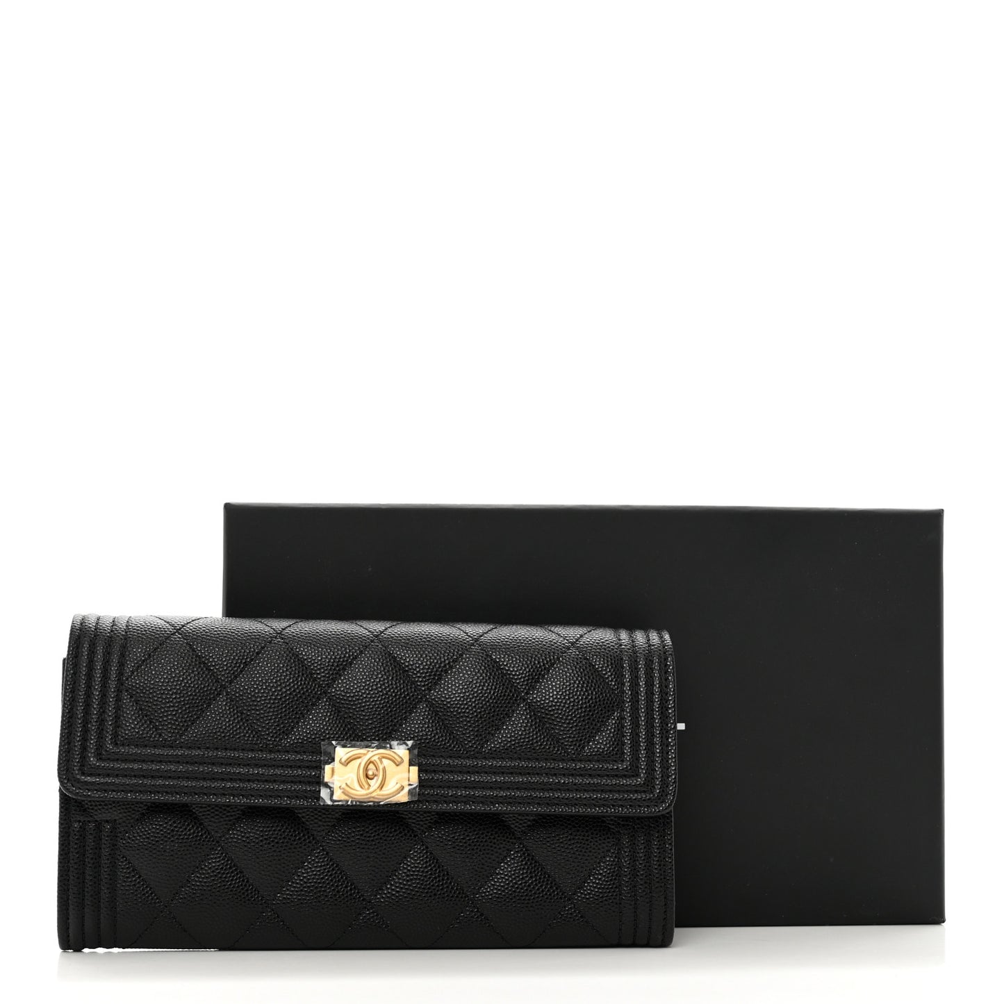 Caviar Quilted Large Boy Gusset Flap Wallet Black