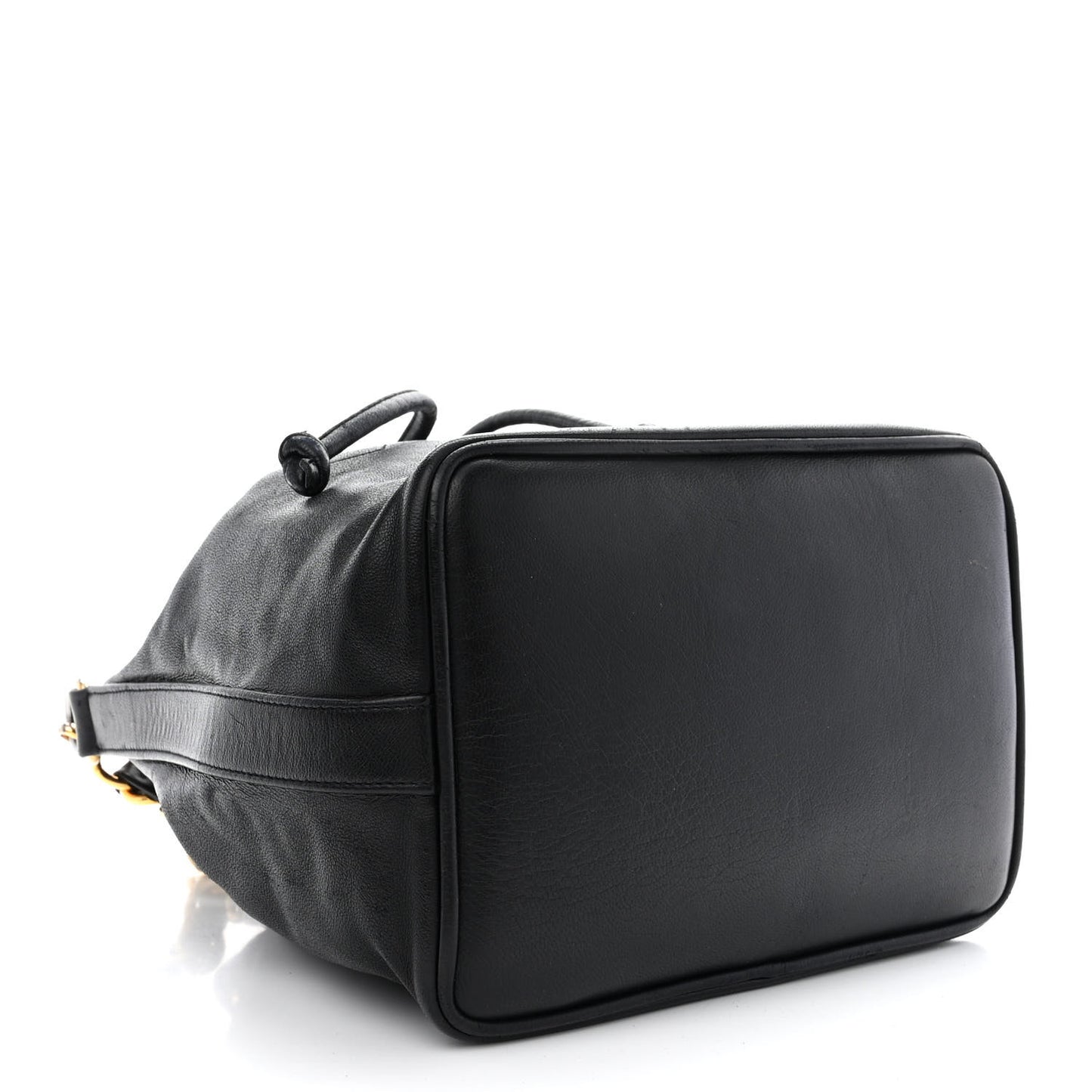 Lambskin CC Stitched Drawstring Bucket Bag Black