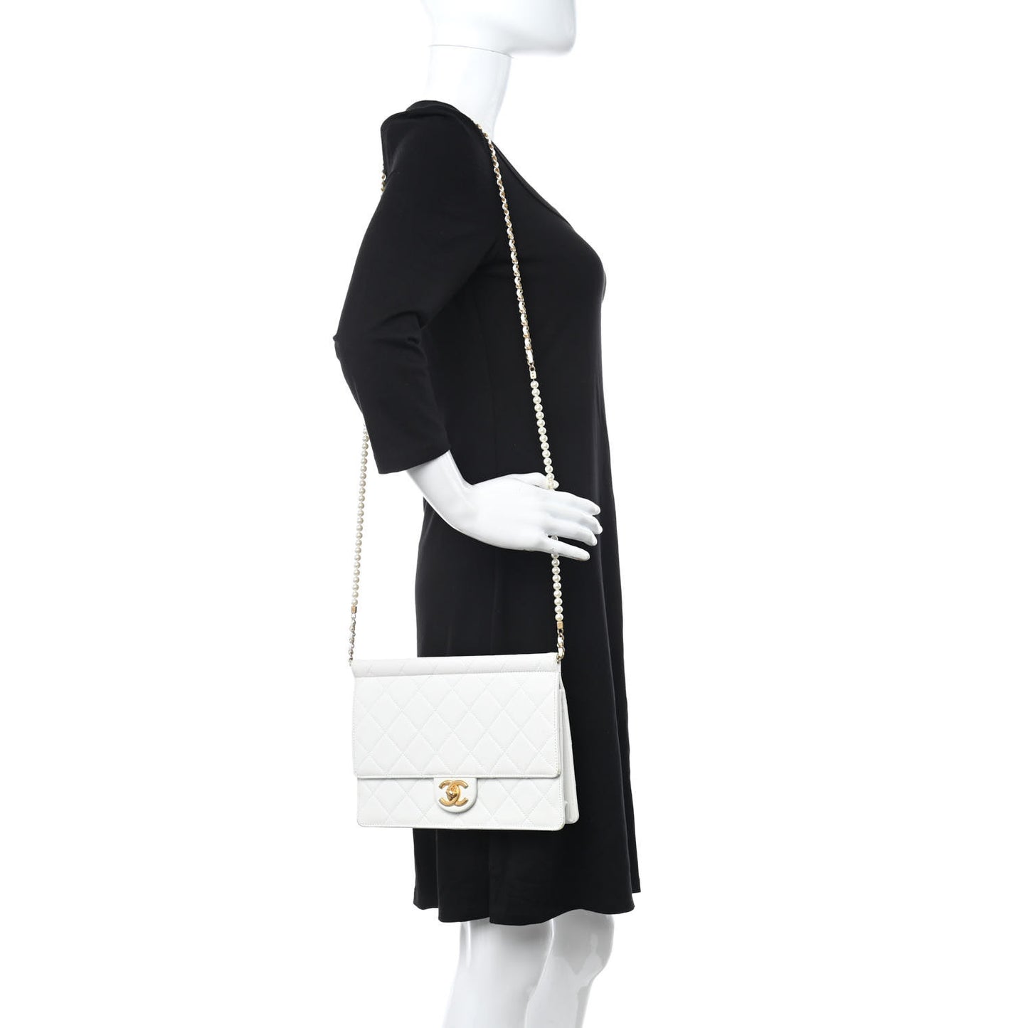 Lambskin Quilted Large Pearl Chain Flap Bag White