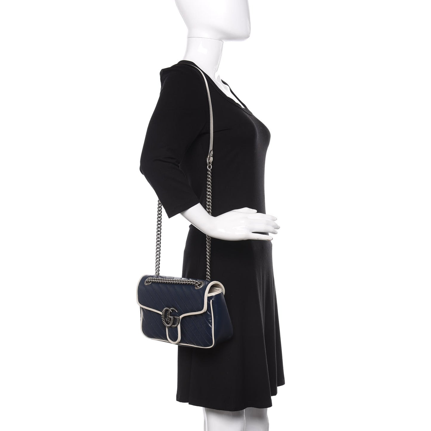 Vintage Effect Calfskin Matelasse Diagonal Small Torchon GG Marmont Shoulder Bag Blue Agata Mystic White