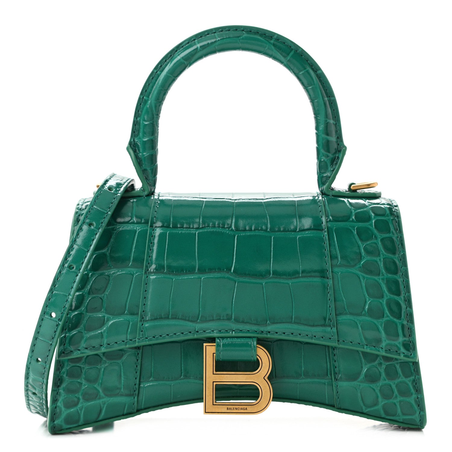 Balenciaga Shiny Calfskin Crocodile Embossed Hourglass Top Handle Bag XS Jade 1 of 9