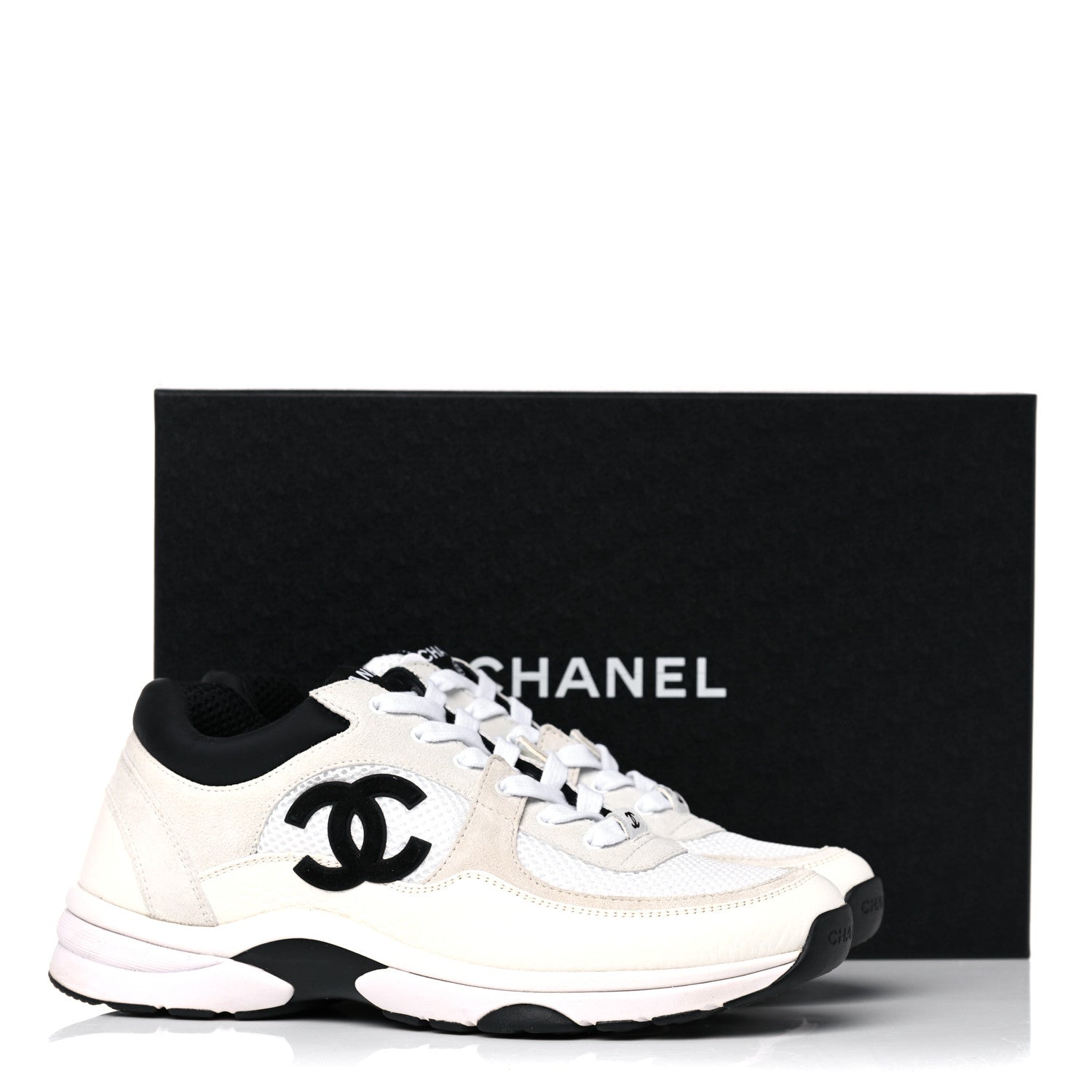 Chanel Mesh Suede Calfskin Grained Calfskin Womens CC Sneakers 39.5 White Black 11 of 11