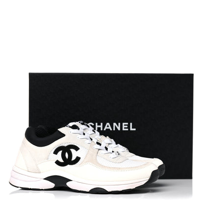 Chanel Mesh Suede Calfskin Grained Calfskin Womens CC Sneakers 39.5 White Black 11 of 11