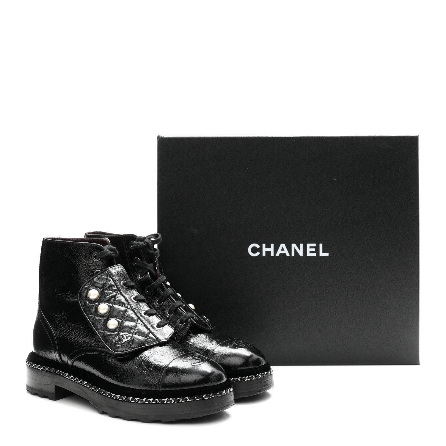 Chanel Crackled Calfskin Velvet Pearl Combat Short Boots 38 Black 10 of 10