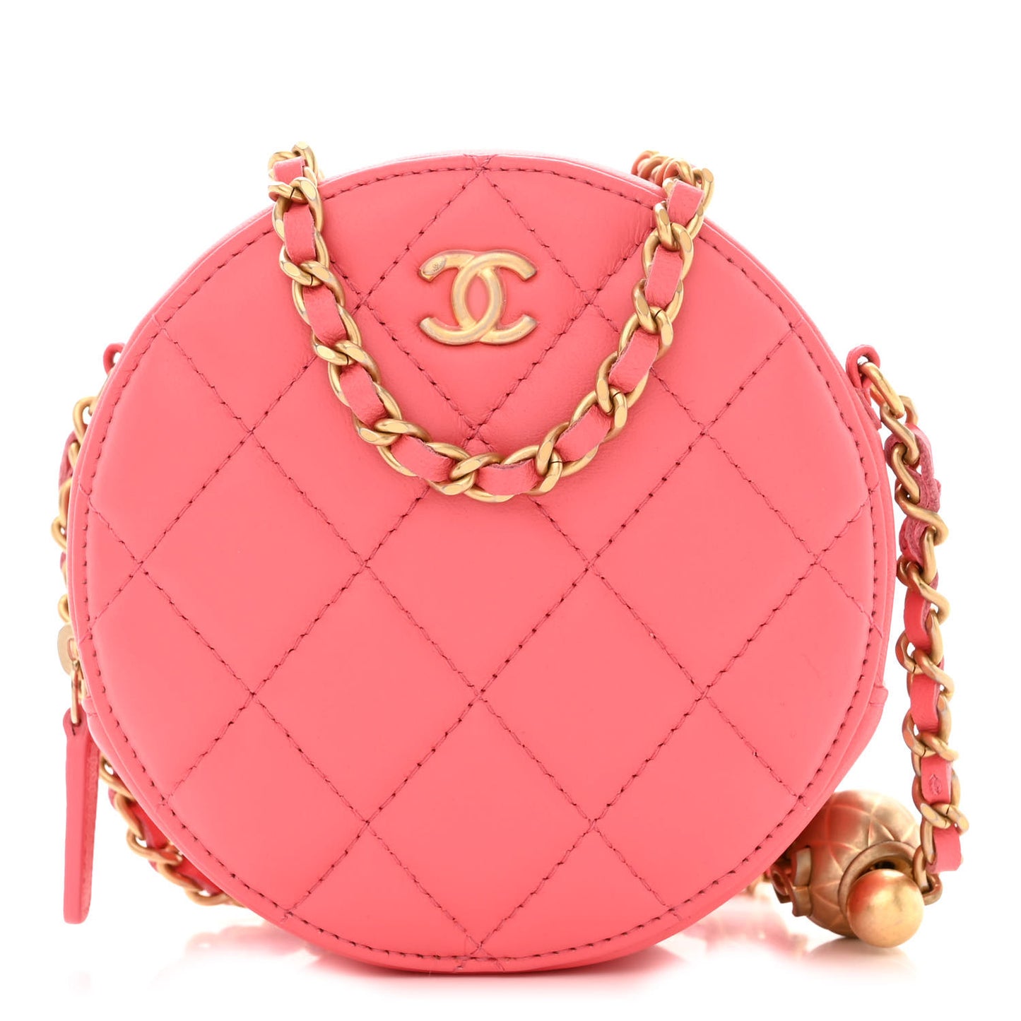 Lambskin Quilted Round Pearl Crush Clutch With Chain Pink