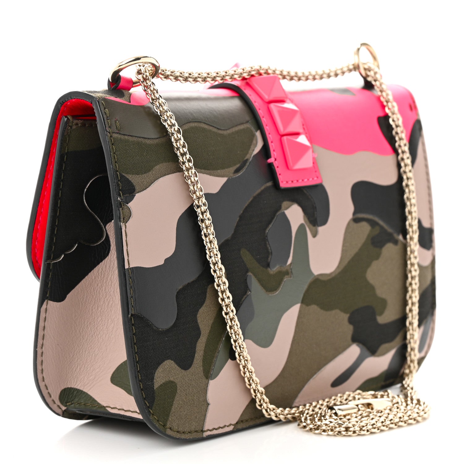 Valentino Garavani Nappa Canvas Camouflage Medium Glam Lock Rockstud Flap Fuxia Fluo 3 of 11