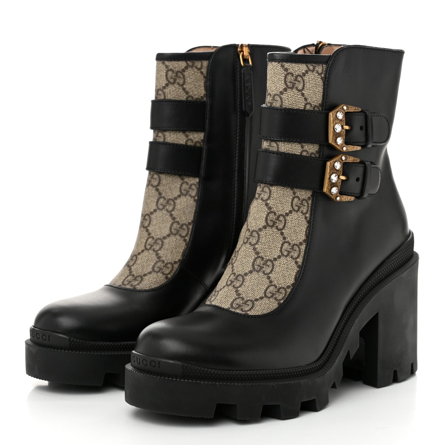 Kensington Calfskin Nappa GG Supreme Monogram Womens Double Buckle Ankle Boots 38 Black