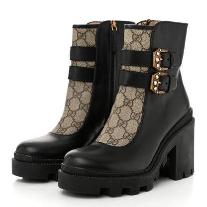 Gucci Kensington Calfskin Nappa GG Supreme Monogram Womens Double Buckle Ankle Boots 38 Black 4 of 11