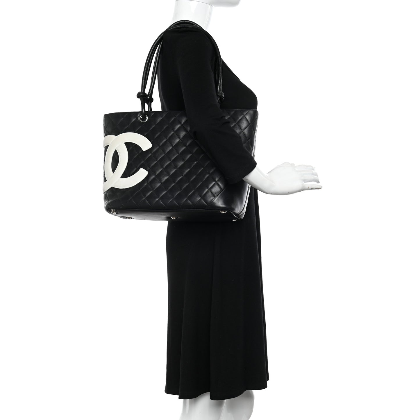 Calfskin Quilted Large Cambon Tote Black White
