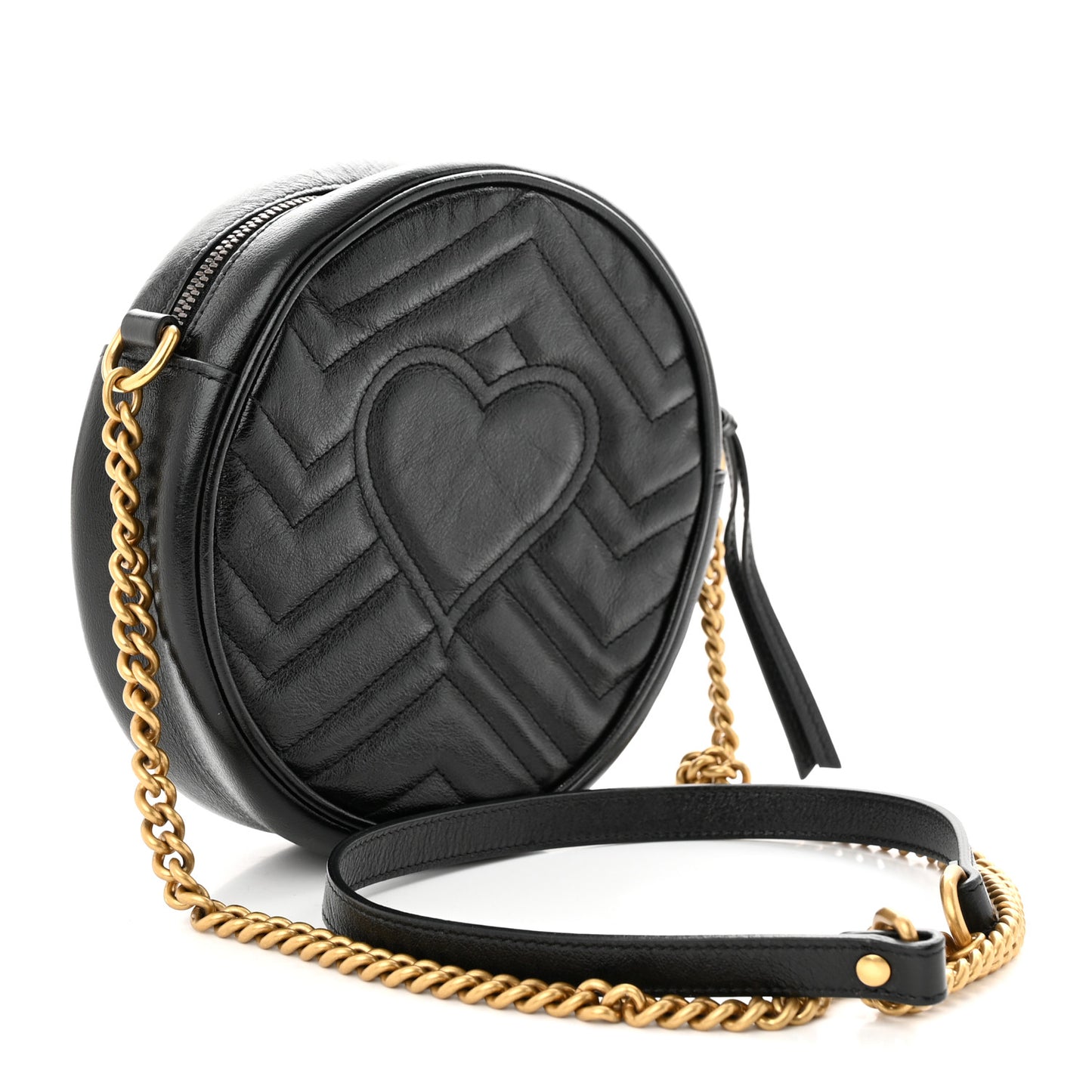 Azalea Calfskin Matelasse Heart Mini GG Marmont Round Shoulder Bag Black
