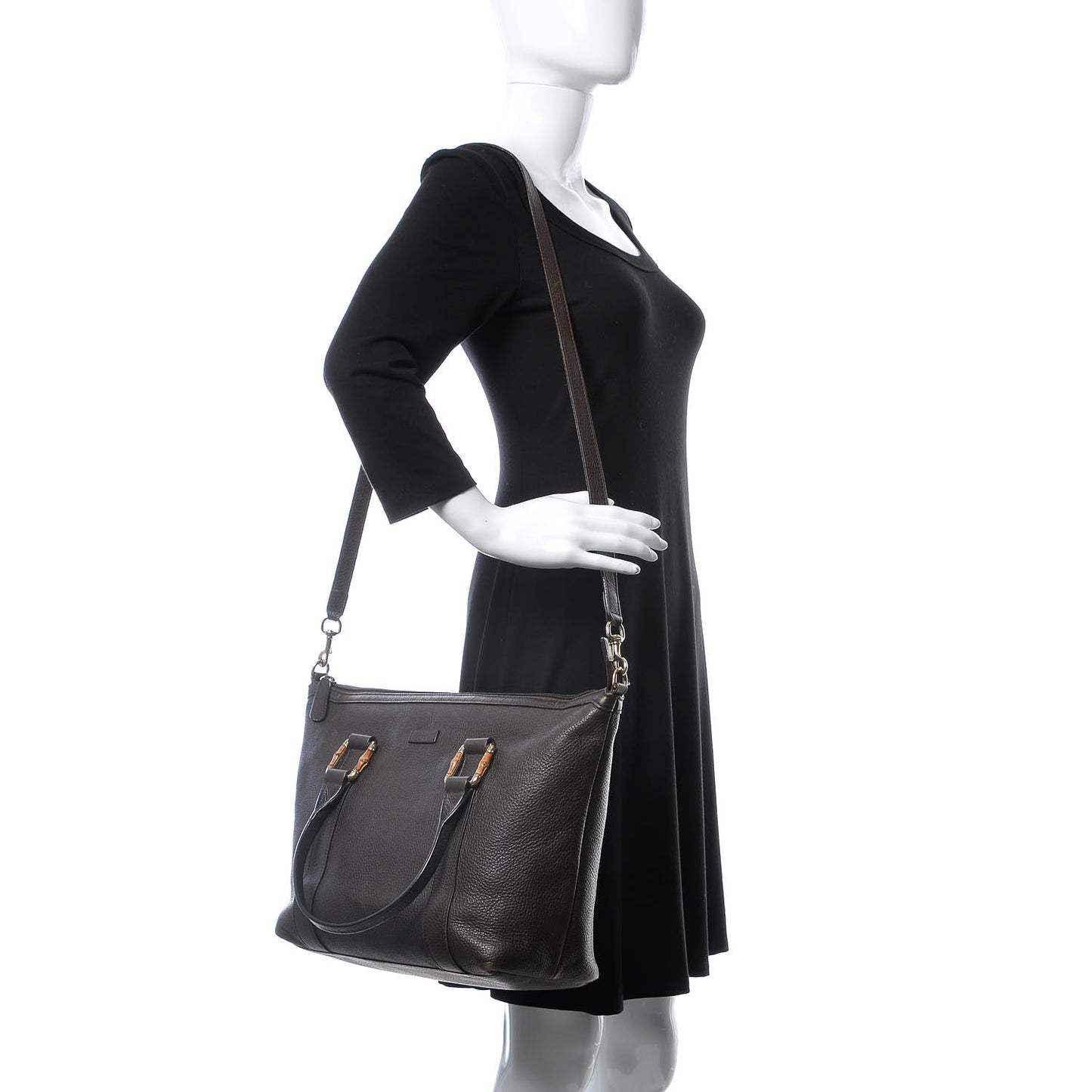 Calfskin Bamboo Top Handle Tote Dark Brown