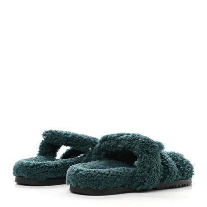 Hermes Woolskin Womens Chypre Sandals 37 Vert Anglais 3 of 8