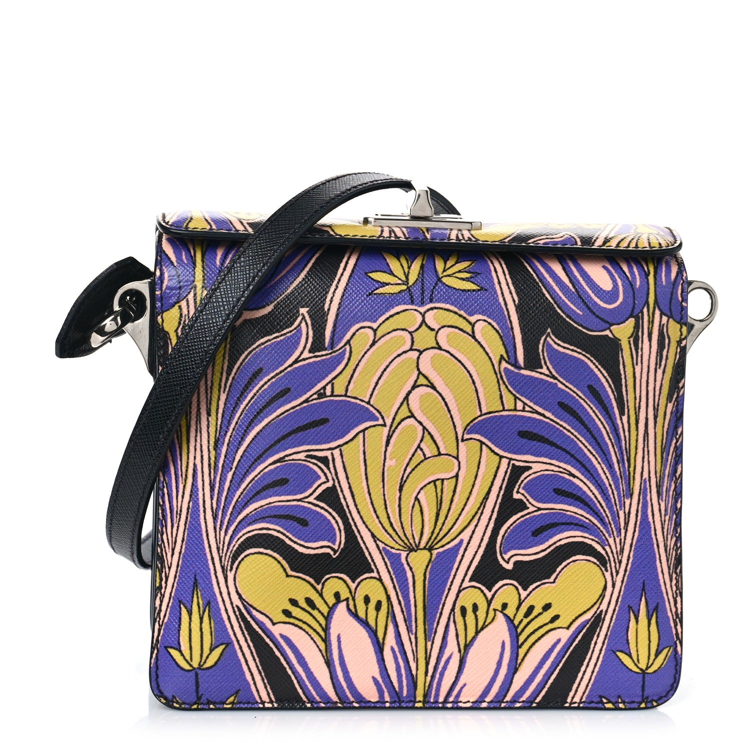 Prada Saffiano Tulip Print Shoulder Bag Black Multicolor 1 of 8
