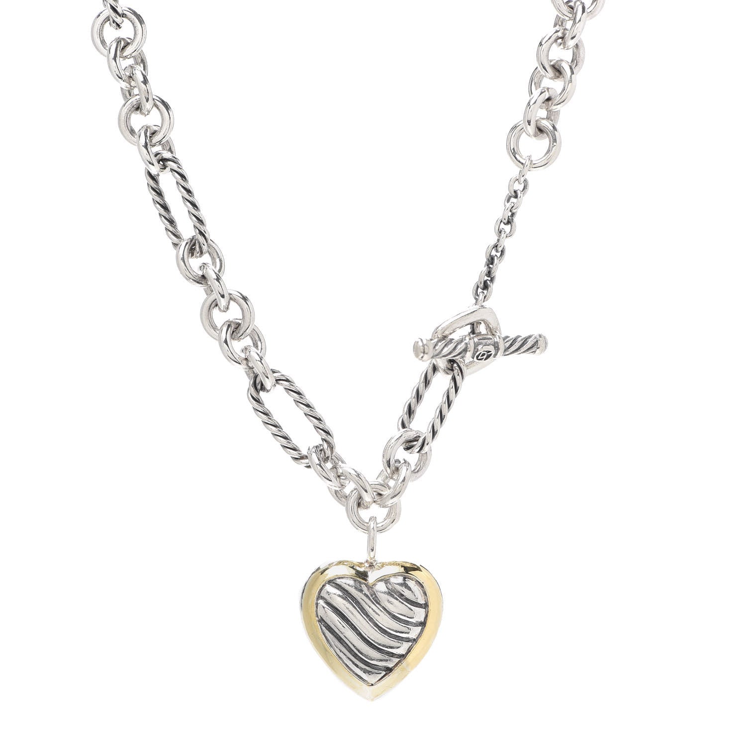 David Yurman Sterling Silver 18K Yellow Gold Cable Heart Figaro Necklace 1 of 5