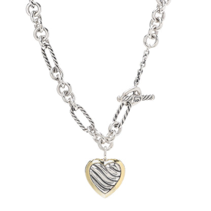 David Yurman Sterling Silver 18K Yellow Gold Cable Heart Figaro Necklace 1 of 5