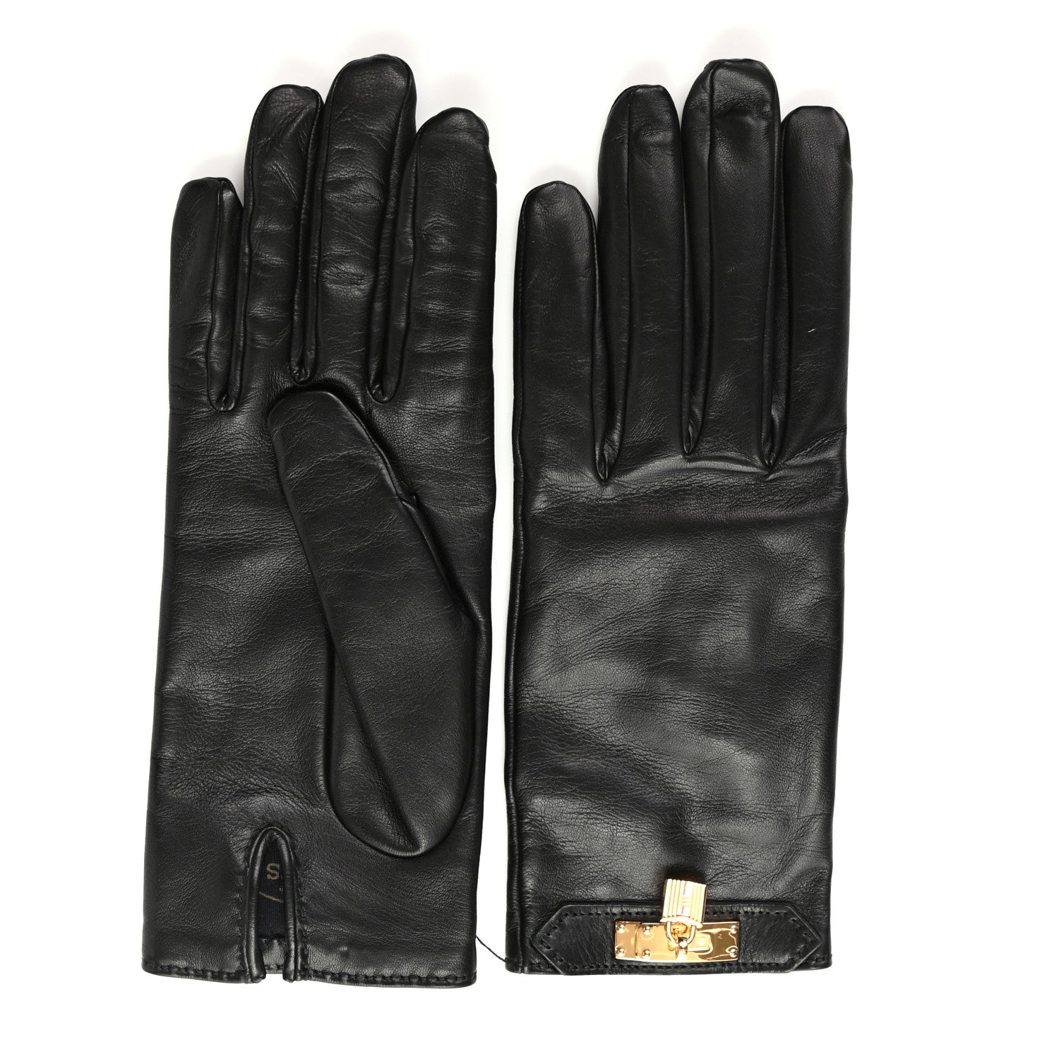 Hermes Lambskin Soya Kelly Lock Gloves 7 Black 1 of 6