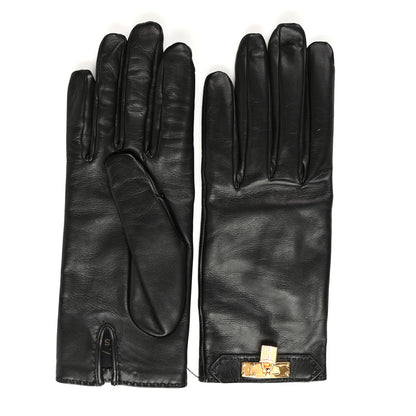 Hermes Lambskin Soya Kelly Lock Gloves 7 Black 1 of 6
