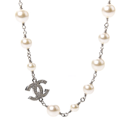 Chanel Crystal Pearl CC Long Necklace Silver 4 of 7
