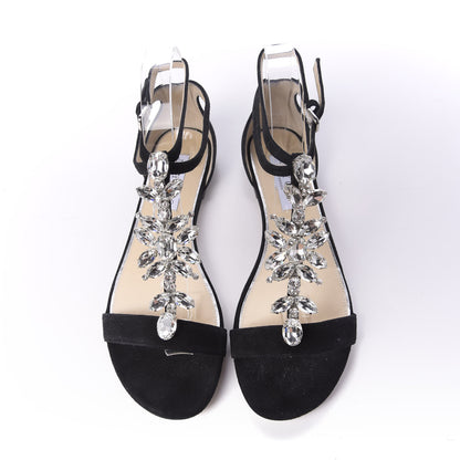 Jimmy Choo Suede Crystal Averie T-Strap Flat Sandals 39 Black 5 of 10