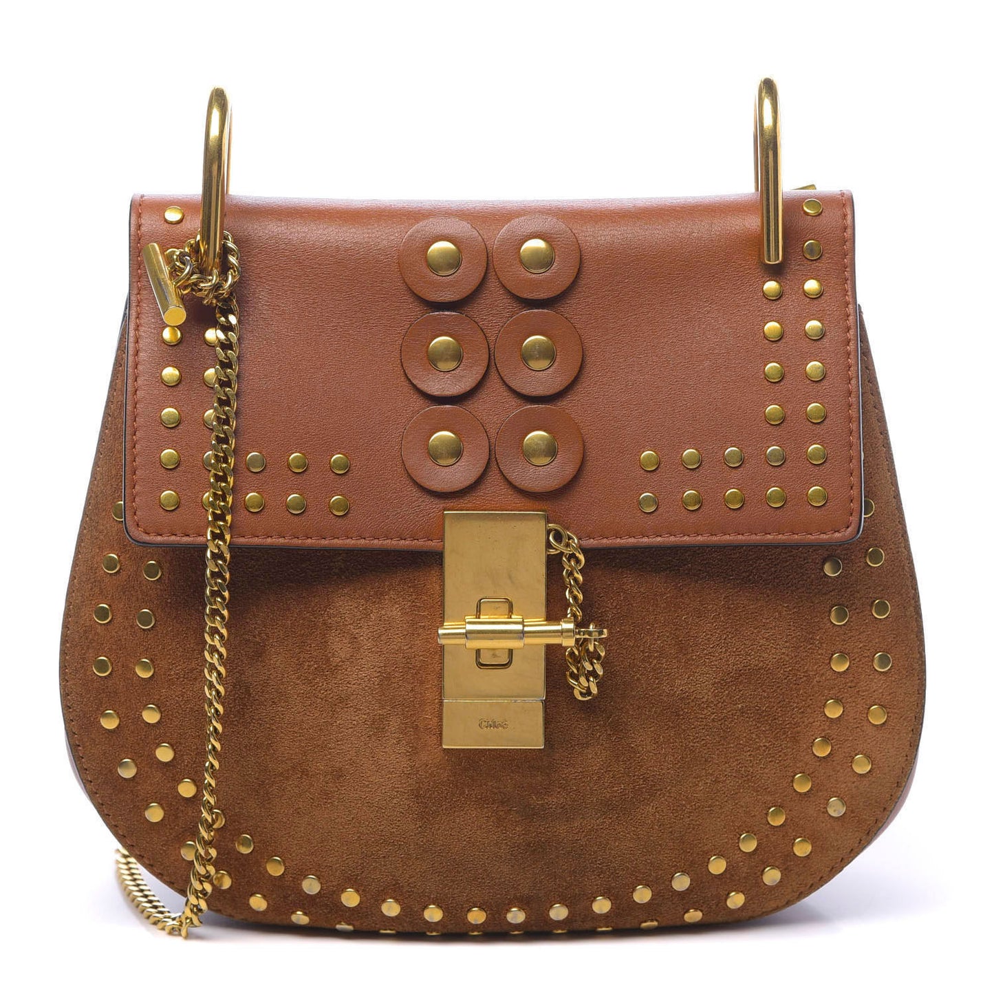Suede Smooth Calfskin Studded Drew Shoulder Bag Caramel