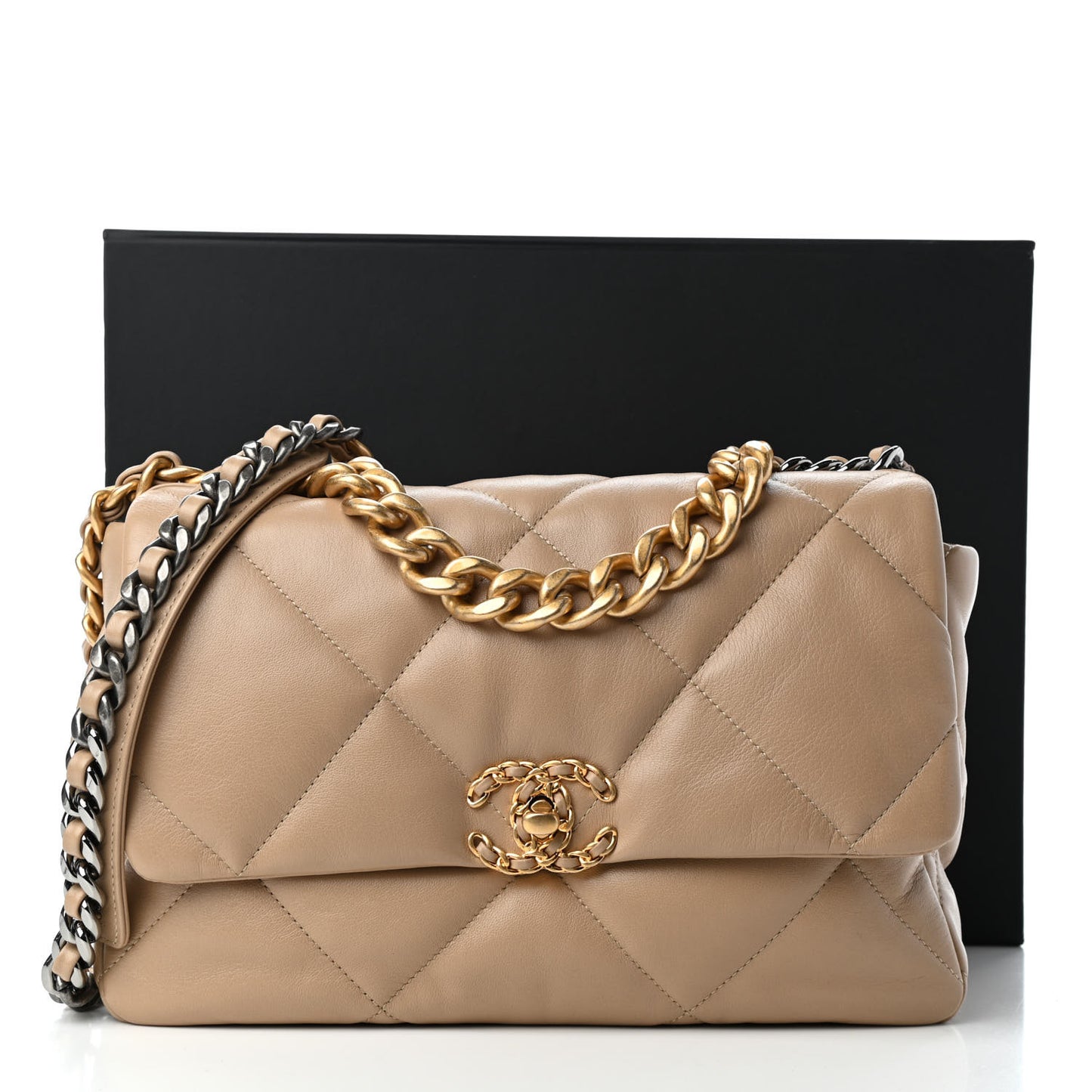 Lambskin Quilted Large Chanel 19 Flap Dark Beige