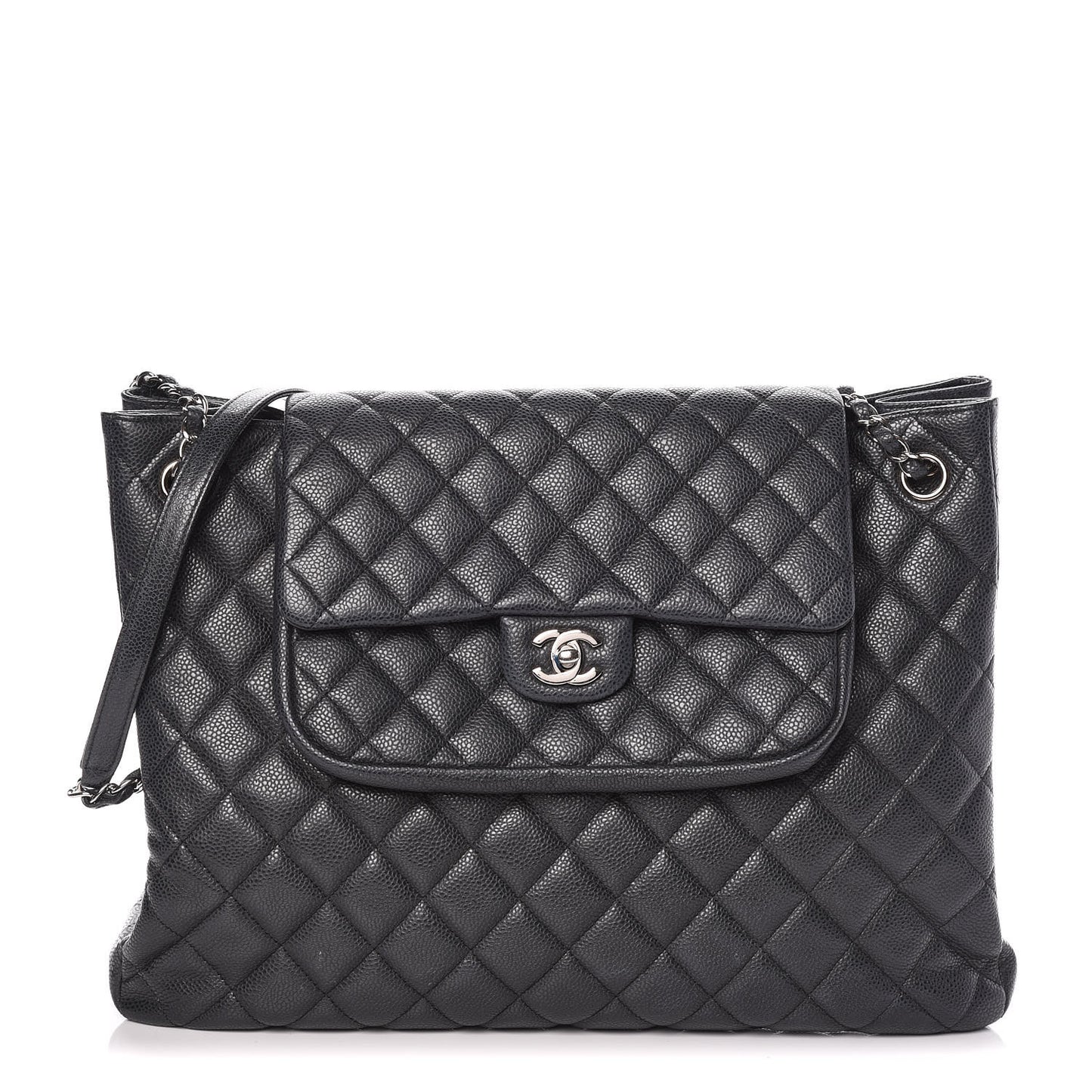 Caviar Quilted Flap Tote Dark Grey