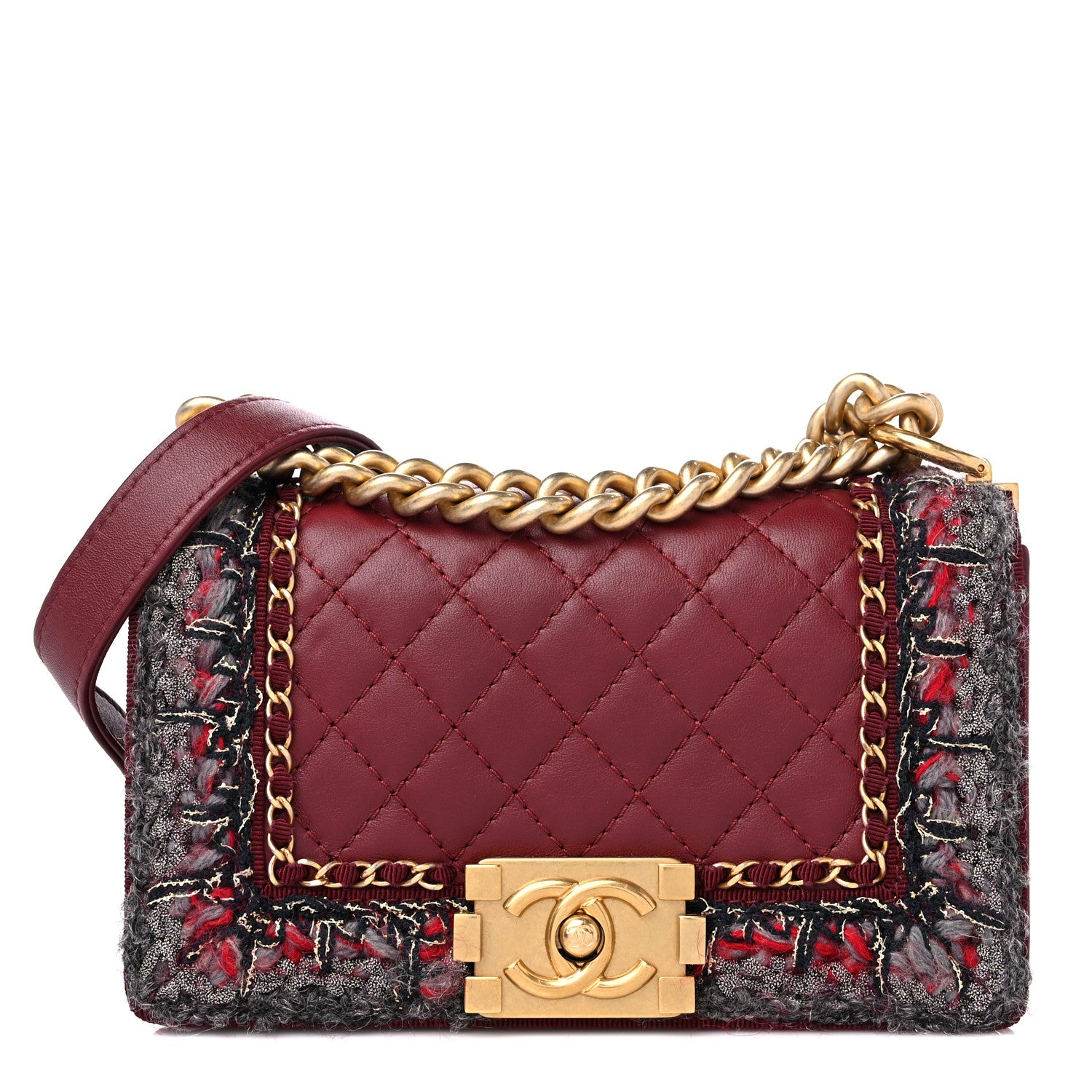Chanel Tweed Lambskin Quilted Small Braided Jacket Boy Flap Dark Red Grey 1 of 13
