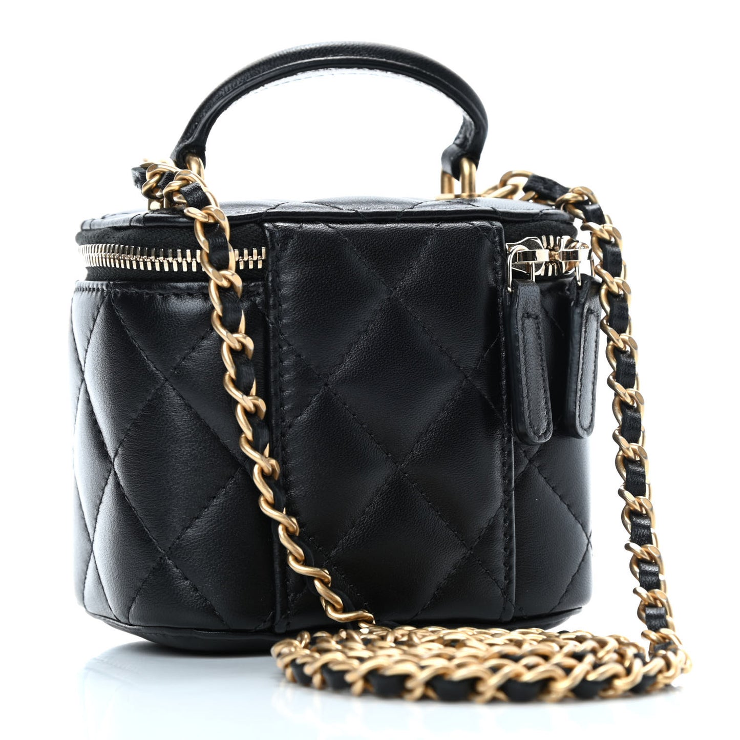 Lambskin Quilted Top Handle Mini Vanity Case With Chain Black