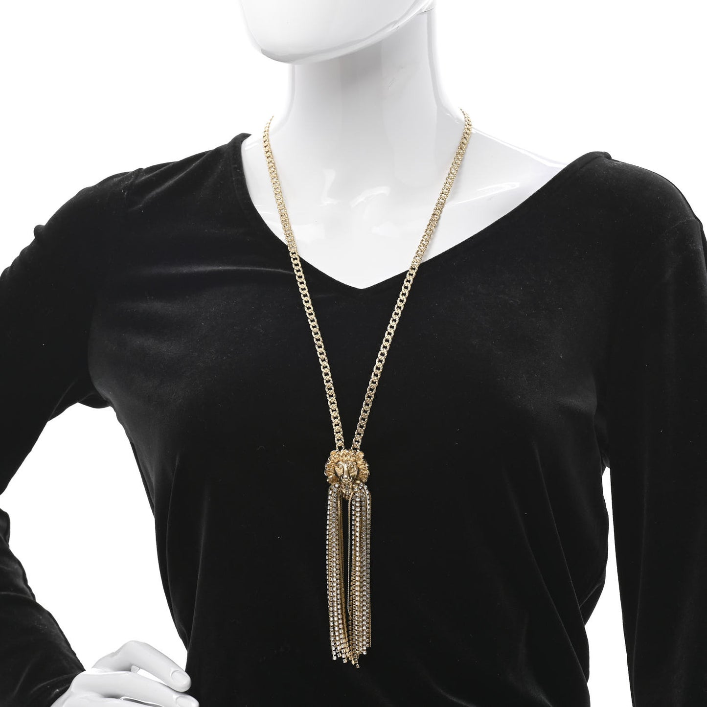 Metal Crystal Fringe Lion Head Necklace Gold