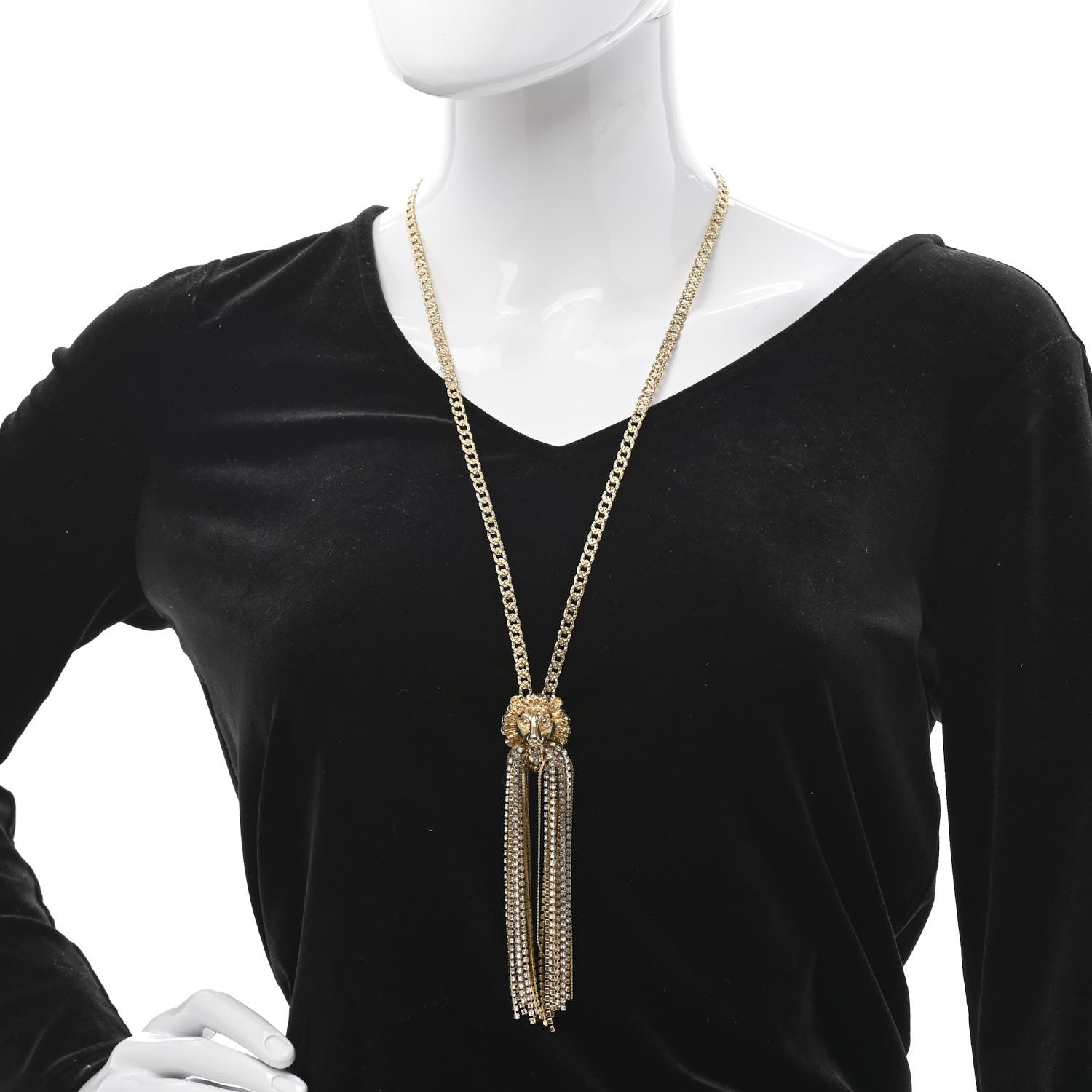 Gucci Metal Crystal Fringe Lion Head Necklace Gold 2 of 7