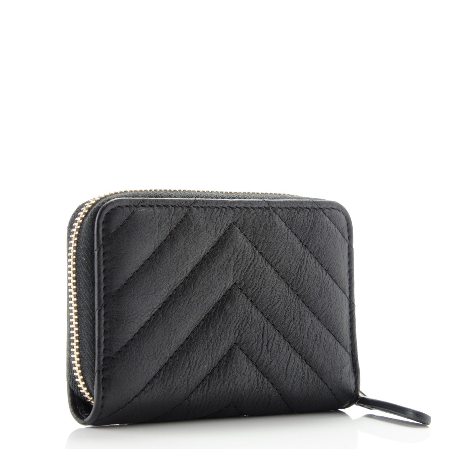 Calfskin Chevron Quilted Zip Around Coin Purse Wallet Black