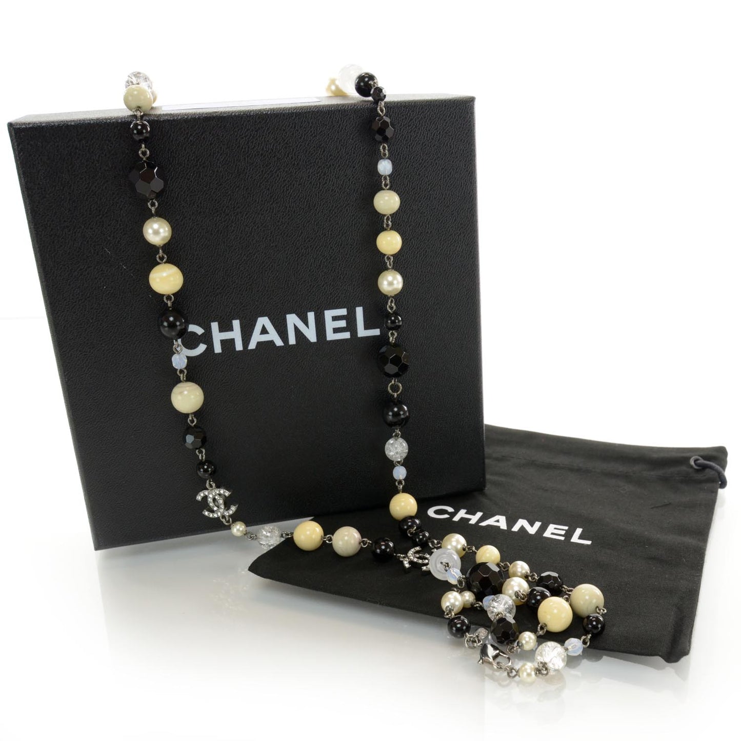 Pearl Crystal CC Beaded Long Necklace Silver