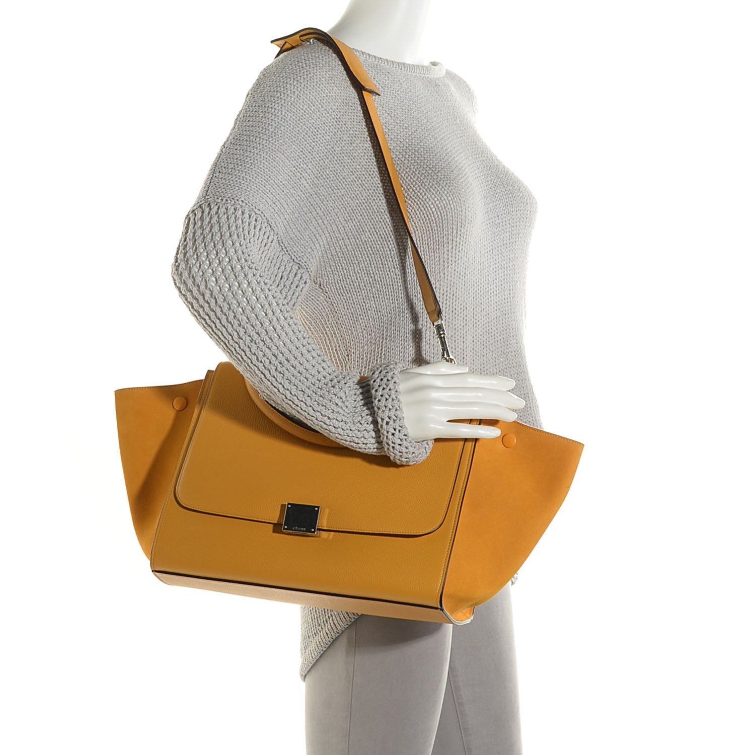 Celine Drummed Calfskin Suede Medium Trapeze Mustard 2 of 9