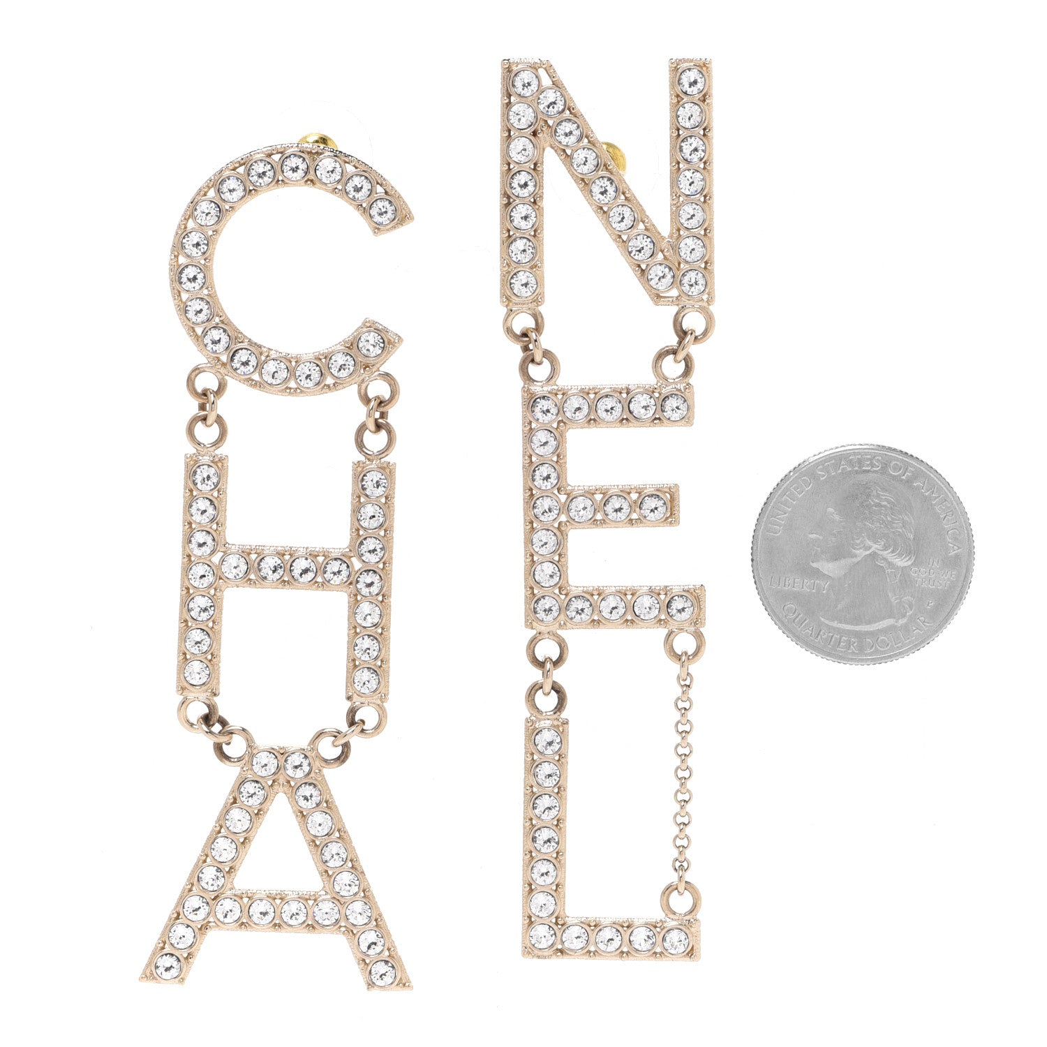 Chanel Crystal Cha-Nel Logo Drop Earrings Gold 2 of 5