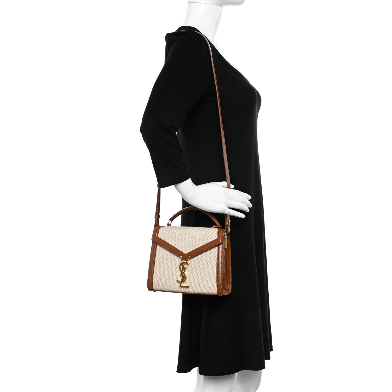 Saint Laurent Canvas Calfskin Mini Classic Monogram Cassandra Top Handle Tan Natural 2 of 10