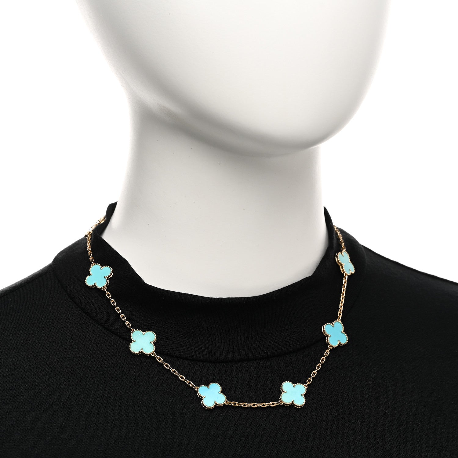 Van Cleef & Arpels 18K Yellow Gold Turquoise 10 Motifs Vintage Alhambra Necklace 5 of 11