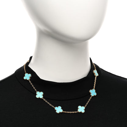 Van Cleef & Arpels 18K Yellow Gold Turquoise 10 Motifs Vintage Alhambra Necklace 5 of 11