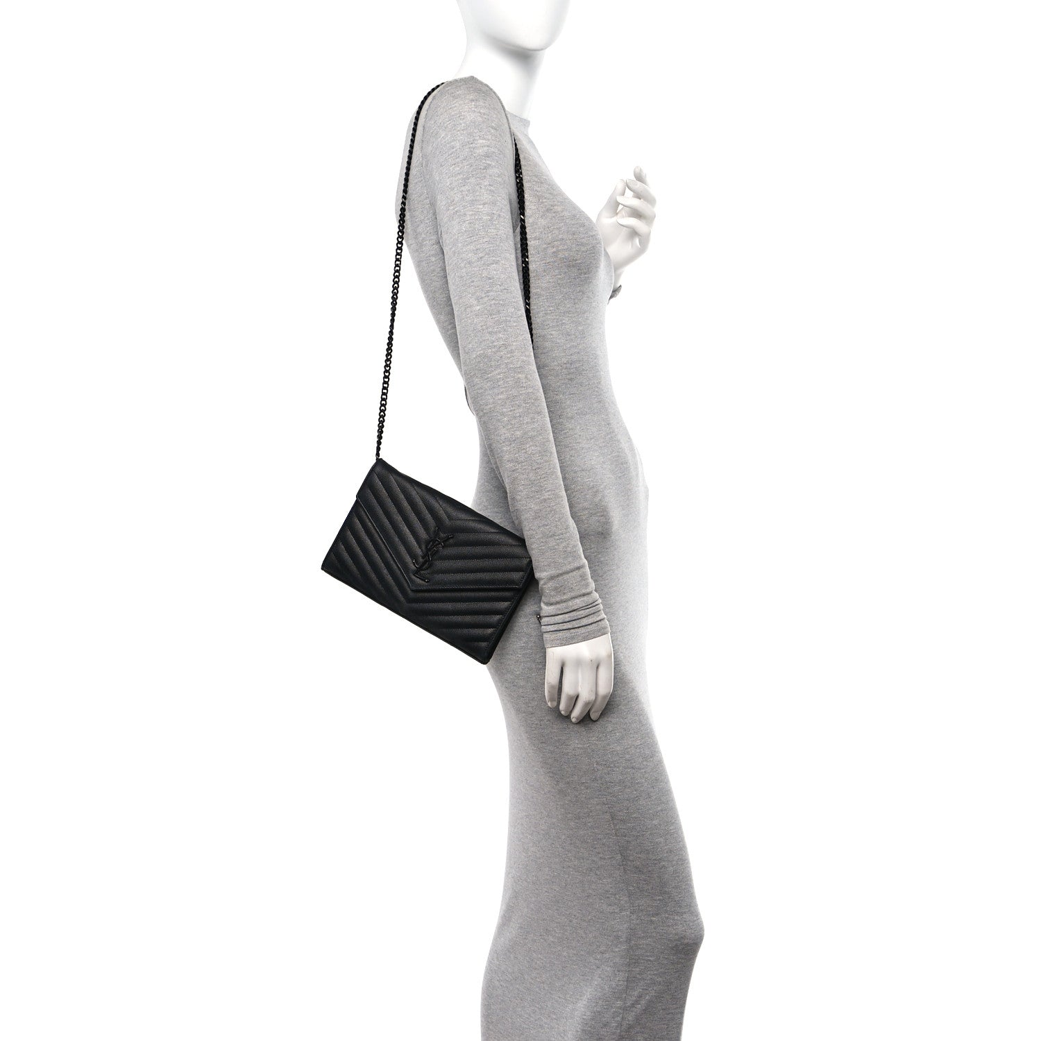 Saint Laurent Grain De Poudre Matelasse Chevron Monogram Monochrome Chain Wallet Black 2 of 9