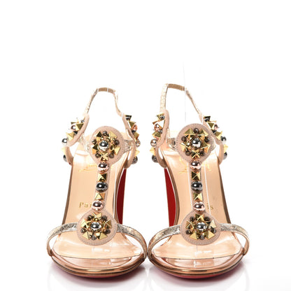Christian Louboutin Studded Lame Metallic Patent Kaleitop 85 T-Strap Sandals 38.5 Doudou 2 of 9