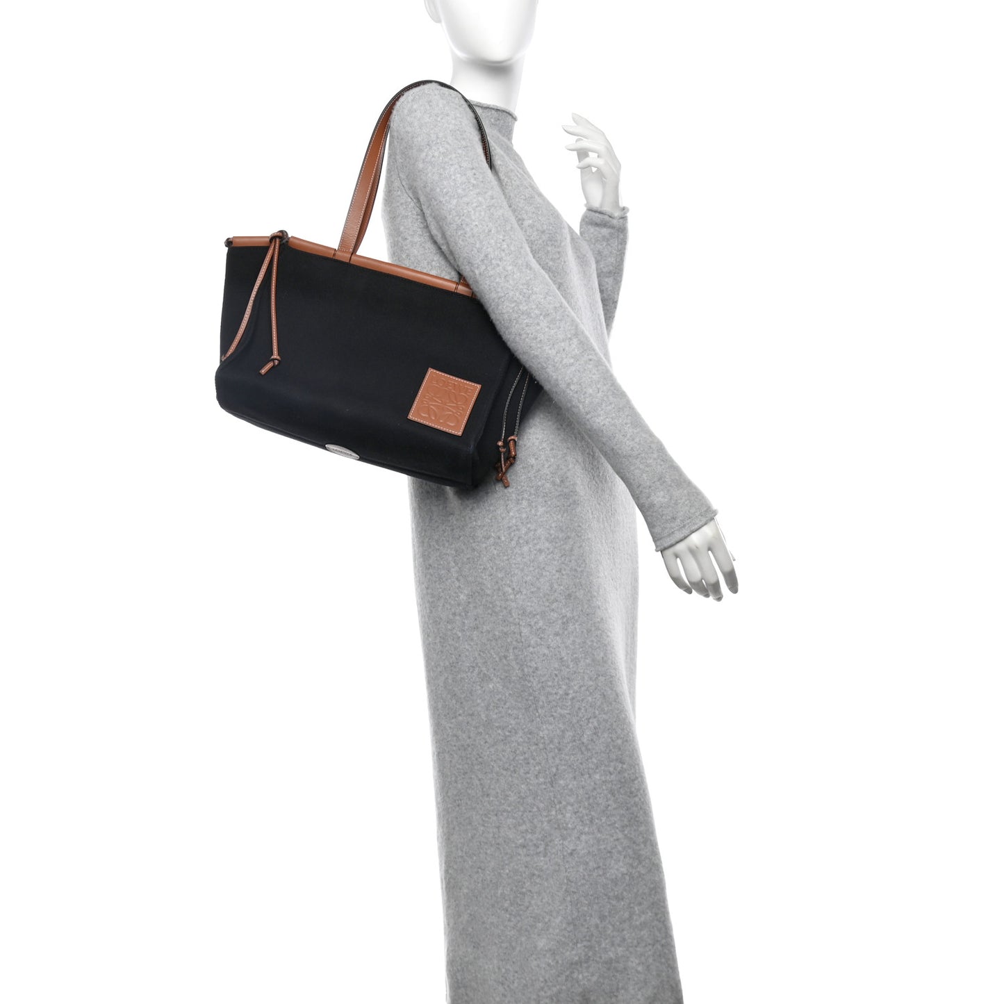 Canvas Calfskin Small Cushion Tote Black Tan