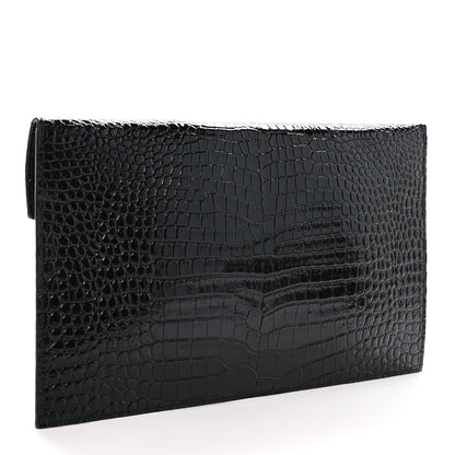 Saint Laurent Calfskin Crocodile Embossed Uptown Monogram Pouch Black 3 of 7