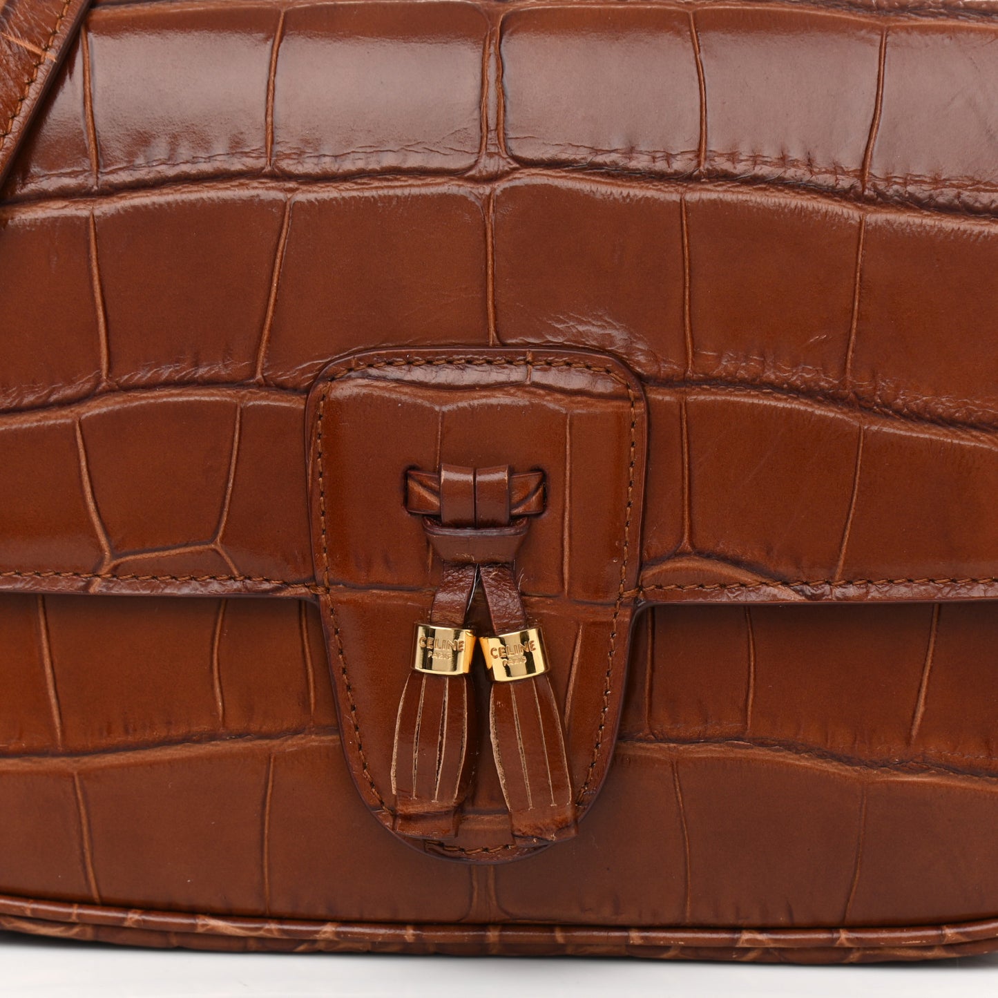 Calfskin Crocodile Embossed Medium Tassel Bag Tan