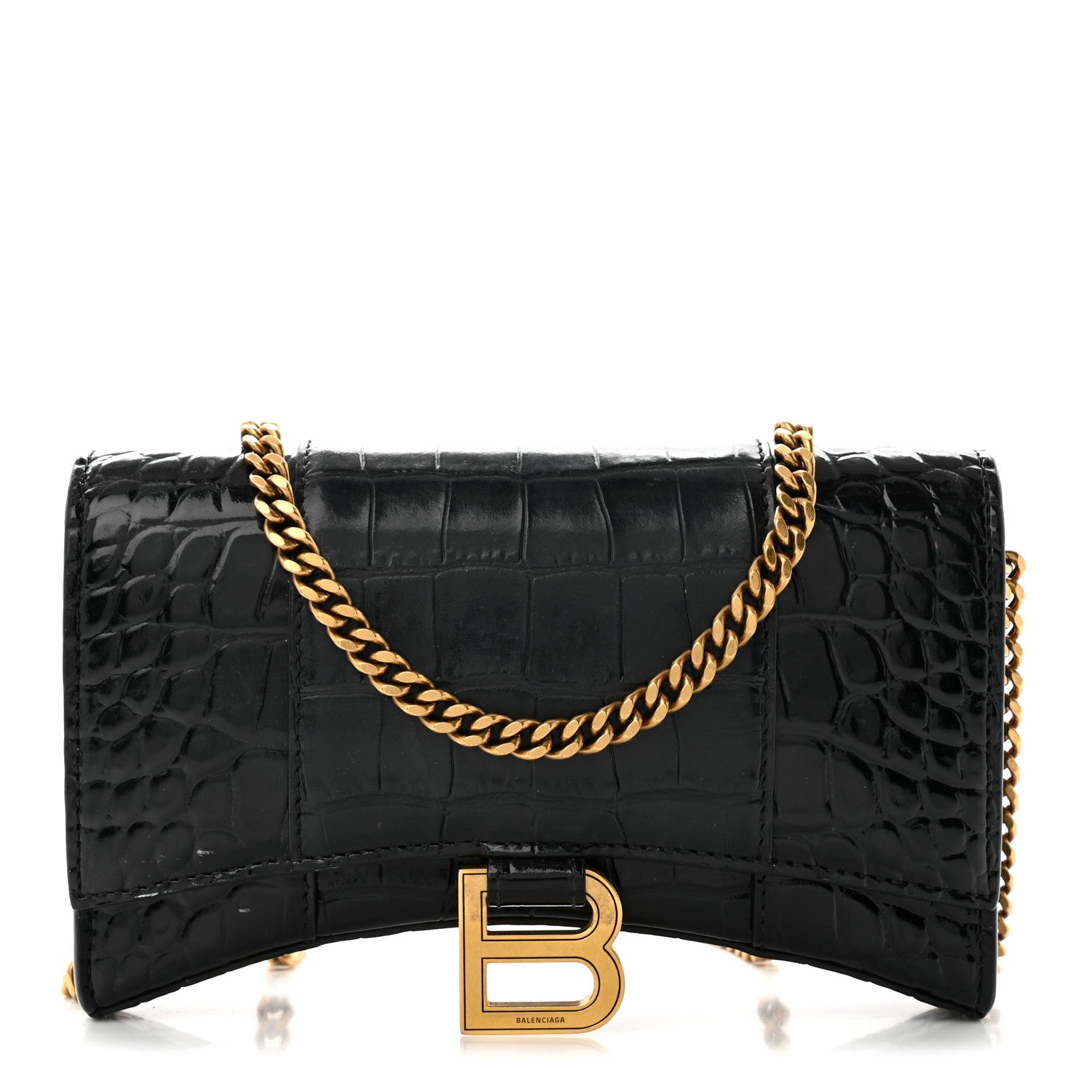Balenciaga Shiny Calfskin Crocodile Embossed Hourglass Chain Bag Black 1 of 10