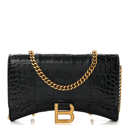 Balenciaga Shiny Calfskin Crocodile Embossed Hourglass Chain Bag Black 1 of 10