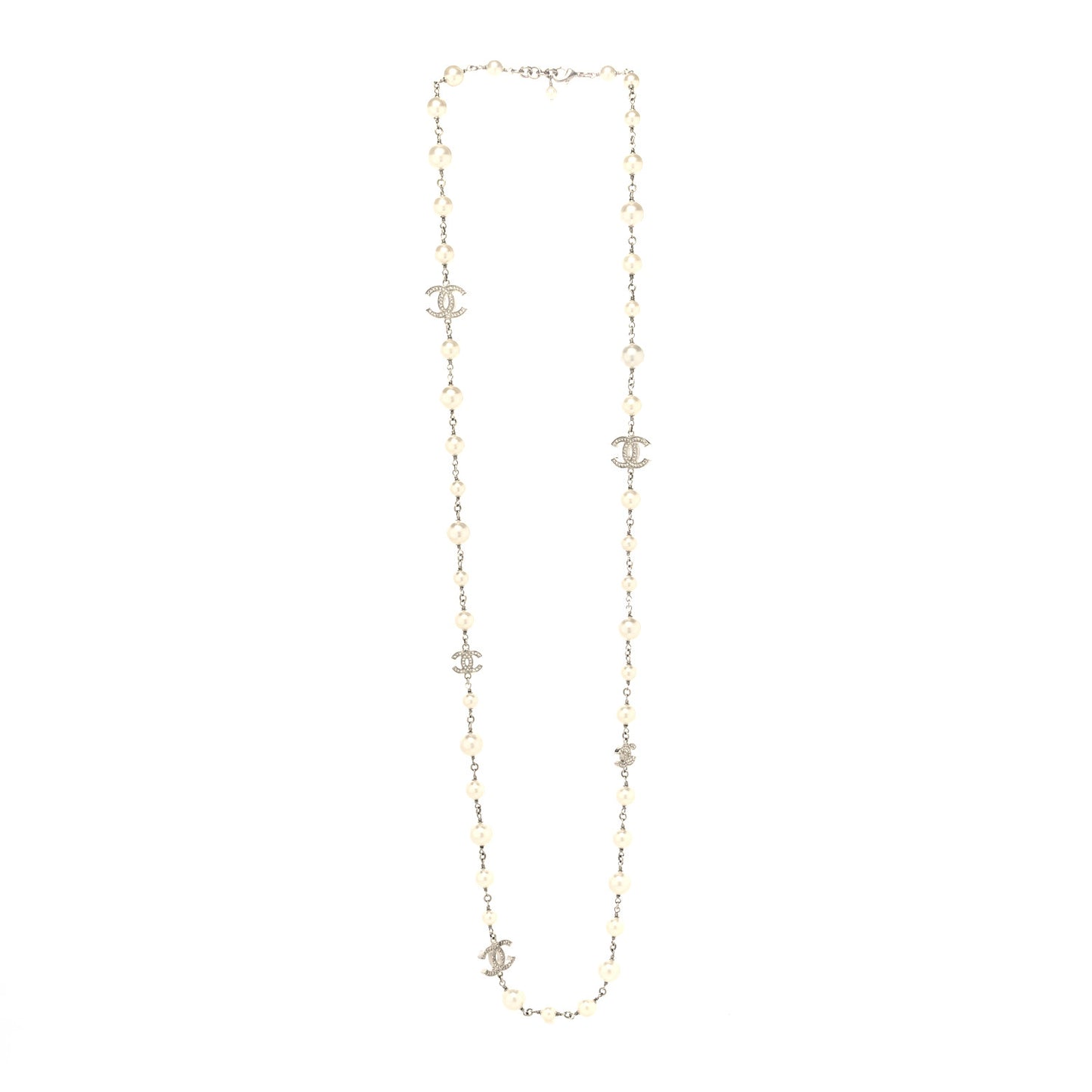 Graduated Pearl Crystal CC Long Necklace Silver