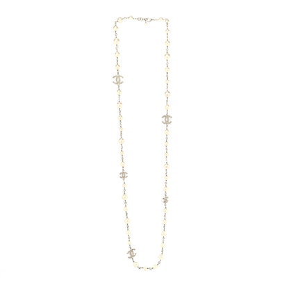 Chanel Graduated Pearl Crystal CC Long Necklace Silver 3 of 5