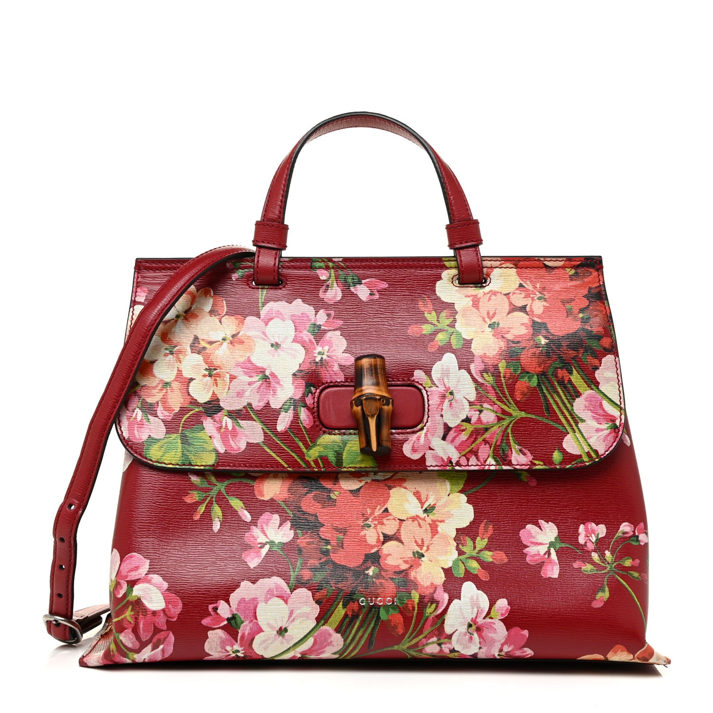Shangai Calfskin Blooms Print Medium Bamboo Daily Top Handle Bag Romantic Cerise Multicolor